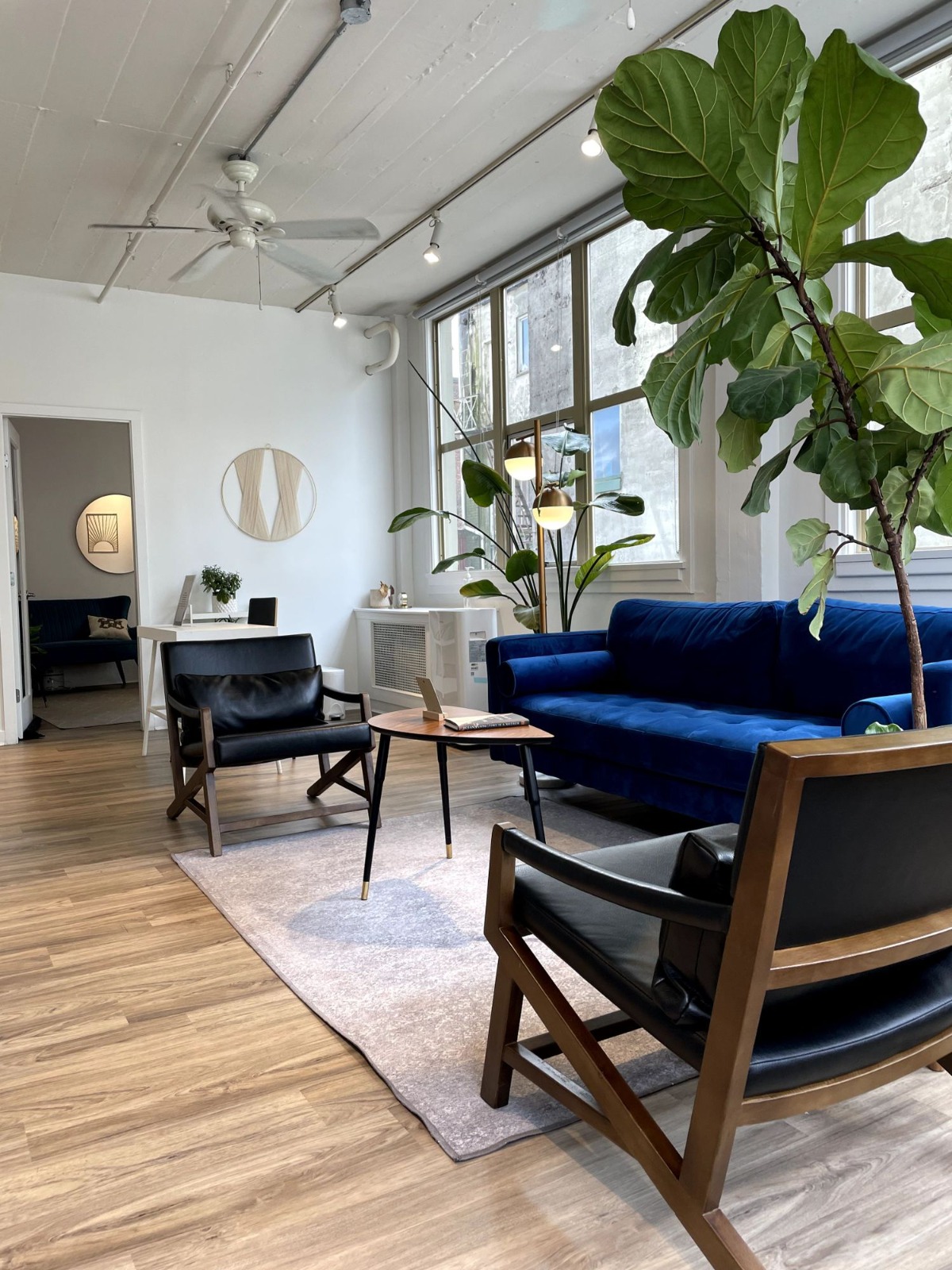 A bright, sunlit therapy space with a blue velvet sofa, leather chairs, and a fiddle-leaf fig — Vancouver practice